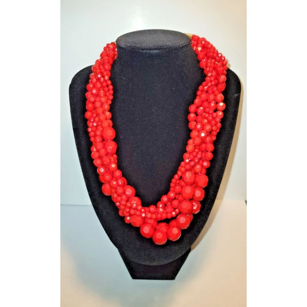 Chunky Red Statement Necklace Multi-Strand Faceted Beaded Bib Boho Festive
